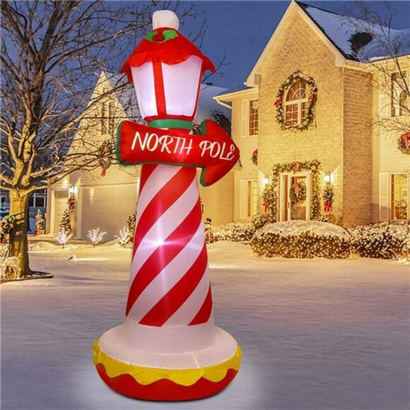 6FT Inflatable Xmas Lighthouse, Blow Up North Pole Sign with Built in LED Lights - Picture 5 of 6